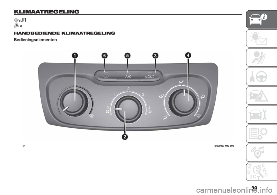 FIAT TIPO 5DOORS STATION WAGON 2019 Instructieboek (in Dutch) KLIMAATREGELING
2)
HANDBEDIENDE KLIMAATREGELING
Bedieningselementen
36P2000027-000-000
29 FIAT TIPO 5DOORS STATION WAGON 2019 Instructieboek (in Dutch) KLIMAATREGELING
2)
HANDBEDIENDE KLIMAATREGELING
Bedieningselementen
36P2000027-000-000
29