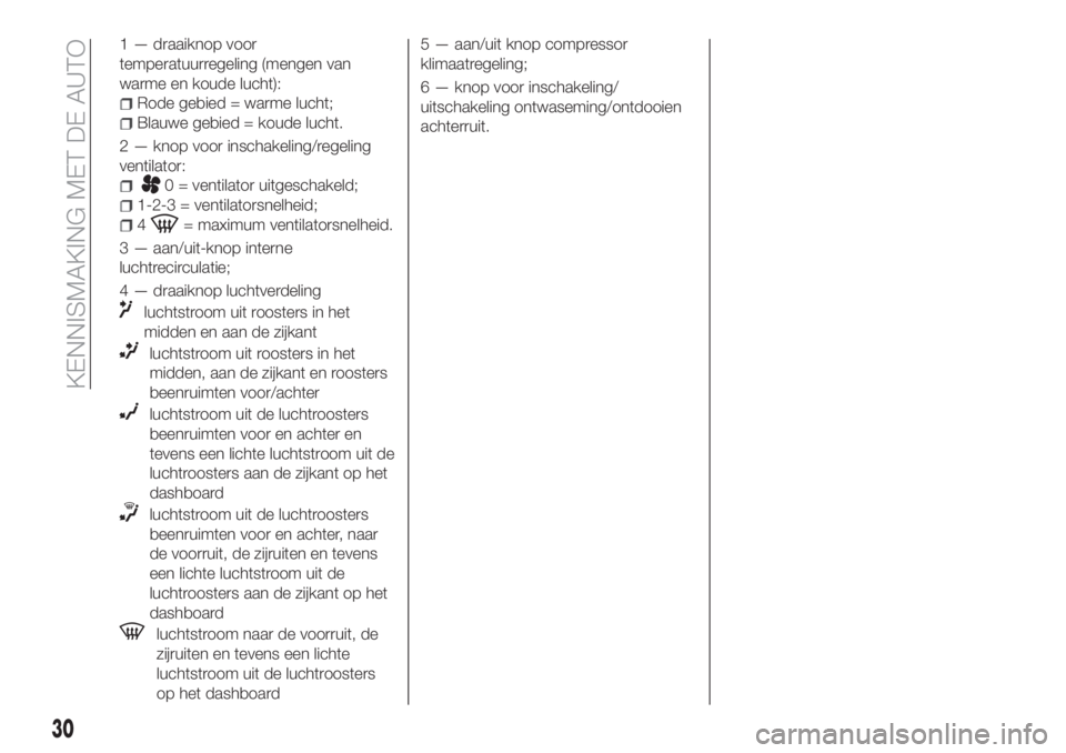 FIAT TIPO 5DOORS STATION WAGON 2019  Instructieboek (in Dutch) 1 — draaiknop voor
temperatuurregeling (mengen van
warme en koude lucht):
Rode gebied = warme lucht;
Blauwe gebied = koude lucht.
2 — knop voor inschakeling/regeling
ventilator:
0 = ventilator uit