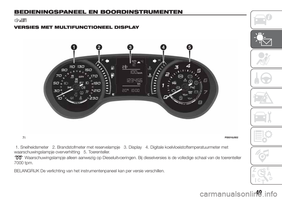 FIAT TIPO 5DOORS STATION WAGON 2019 Instructieboek (in Dutch) BEDIENINGSPANEEL EN BOORDINSTRUMENTEN
VERSIES MET MULTIFUNCTIONEEL DISPLAY
1. Snelheidsmeter 2. Brandstofmeter met reservelampje 3. Display 4. Digitale koelvloeistoftemperatuurmeter met
waarschuwingsl FIAT TIPO 5DOORS STATION WAGON 2019 Instructieboek (in Dutch) BEDIENINGSPANEEL EN BOORDINSTRUMENTEN
VERSIES MET MULTIFUNCTIONEEL DISPLAY
1. Snelheidsmeter 2. Brandstofmeter met reservelampje 3. Display 4. Digitale koelvloeistoftemperatuurmeter met
waarschuwingsl
