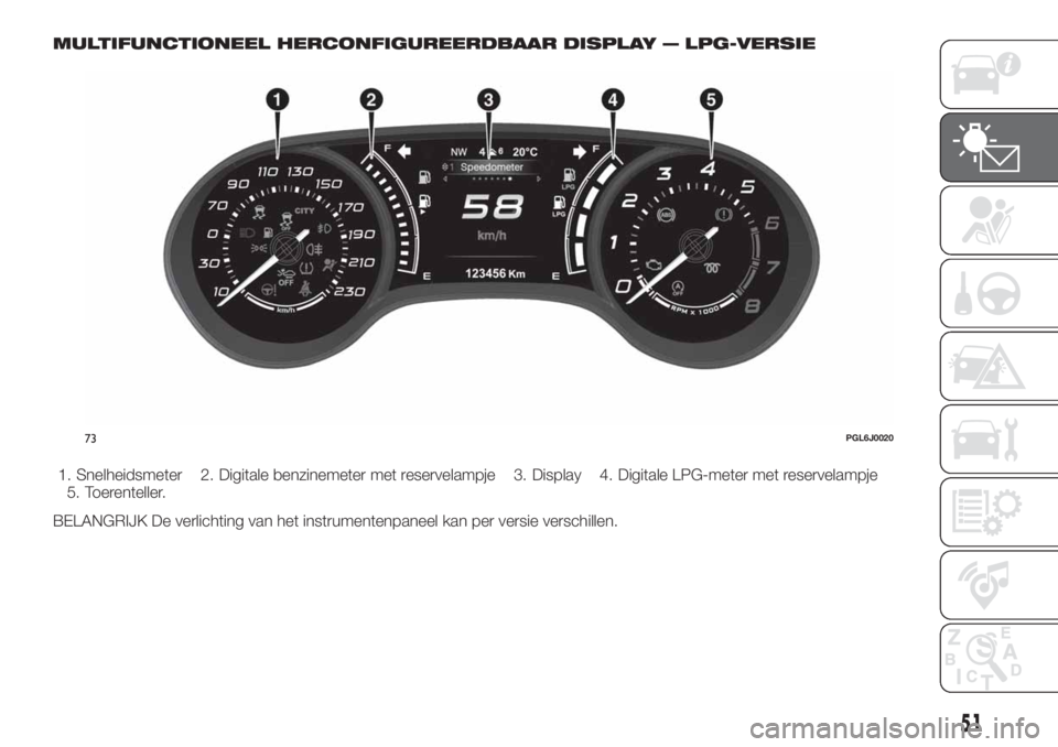 FIAT TIPO 5DOORS STATION WAGON 2019 Instructieboek (in Dutch) MULTIFUNCTIONEEL HERCONFIGUREERDBAAR DISPLAY — LPG-VERSIE
1. Snelheidsmeter 2. Digitale benzinemeter met reservelampje 3. Display 4. Digitale LPG-meter met reservelampje
5. Toerenteller.
BELANGRIJK FIAT TIPO 5DOORS STATION WAGON 2019 Instructieboek (in Dutch) MULTIFUNCTIONEEL HERCONFIGUREERDBAAR DISPLAY — LPG-VERSIE
1. Snelheidsmeter 2. Digitale benzinemeter met reservelampje 3. Display 4. Digitale LPG-meter met reservelampje
5. Toerenteller.
BELANGRIJK