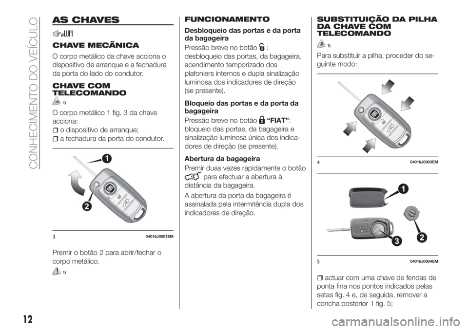 FIAT TIPO 5DOORS STATION WAGON 2018  Manual de Uso e Manutenção (in Portuguese) AS CHAVES
CHAVE MECÂNICA
O corpo metálico da chave acciona o
dispositivo de arranque e a fechadura
da porta do lado do condutor.
CHAVE COM
TELECOMANDO
1)
O corpo metálico 1 fig. 3 da chave
acciona: