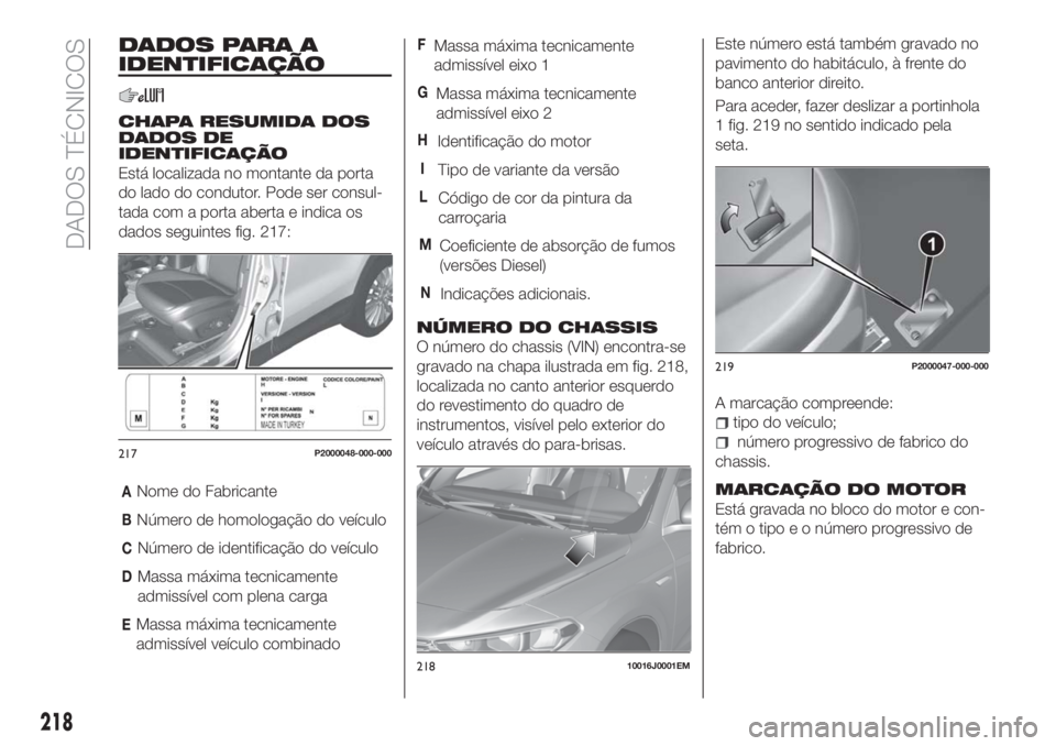FIAT TIPO 5DOORS STATION WAGON 2018 Manual de Uso e Manutenção (in Portuguese) DADOS PARA A
IDENTIFICAÇÃO
CHAPA RESUMIDA DOS
DADOS DE
IDENTIFICAÇÃO
Está localizada no montante da porta
do lado do condutor. Pode ser consul-
tada com a porta aberta e indica os
dados seguintes FIAT TIPO 5DOORS STATION WAGON 2018 Manual de Uso e Manutenção (in Portuguese) DADOS PARA A
IDENTIFICAÇÃO
CHAPA RESUMIDA DOS
DADOS DE
IDENTIFICAÇÃO
Está localizada no montante da porta
do lado do condutor. Pode ser consul-
tada com a porta aberta e indica os
dados seguintes