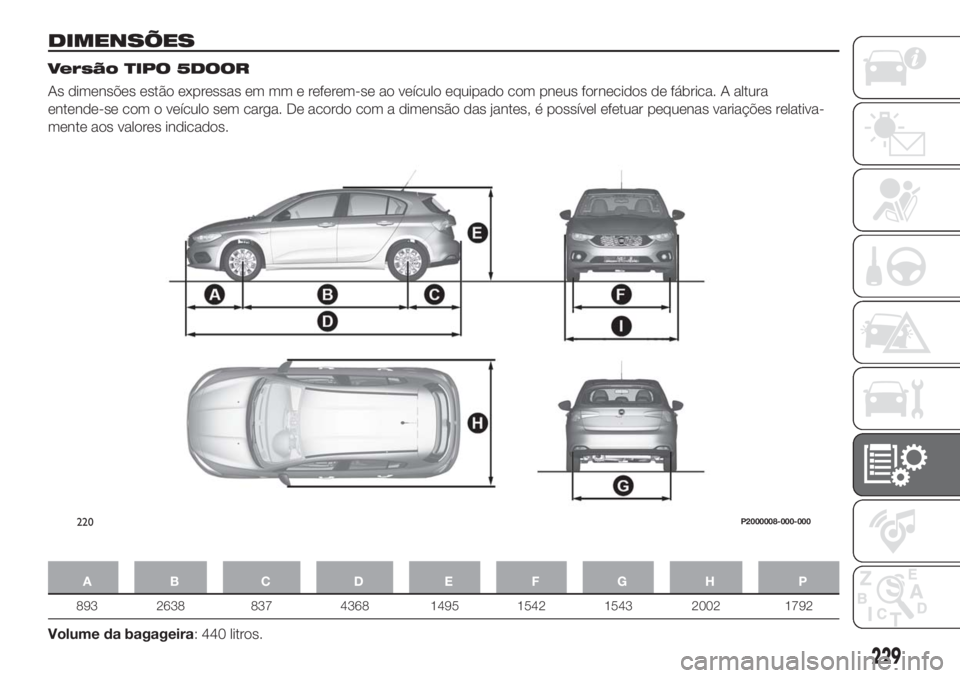 FIAT TIPO 5DOORS STATION WAGON 2018 Manual de Uso e Manutenção (in Portuguese) DIMENSÕES
Versão TIPO 5DOOR
As dimensões estão expressas em mm e referem-se ao veículo equipado com pneus fornecidos de fábrica. A altura
entende-se com o veículo sem carga. De acordo com a dim FIAT TIPO 5DOORS STATION WAGON 2018 Manual de Uso e Manutenção (in Portuguese) DIMENSÕES
Versão TIPO 5DOOR
As dimensões estão expressas em mm e referem-se ao veículo equipado com pneus fornecidos de fábrica. A altura
entende-se com o veículo sem carga. De acordo com a dim