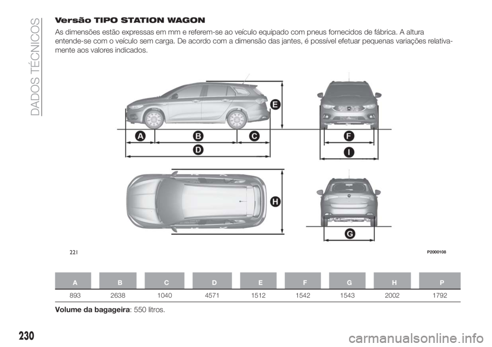 FIAT TIPO 5DOORS STATION WAGON 2018 Manual de Uso e Manutenção (in Portuguese) Versão TIPO STATION WAGON
As dimensões estão expressas em mm e referem-se ao veículo equipado com pneus fornecidos de fábrica. A altura
entende-se com o veículo sem carga. De acordo com a dimens FIAT TIPO 5DOORS STATION WAGON 2018 Manual de Uso e Manutenção (in Portuguese) Versão TIPO STATION WAGON
As dimensões estão expressas em mm e referem-se ao veículo equipado com pneus fornecidos de fábrica. A altura
entende-se com o veículo sem carga. De acordo com a dimens