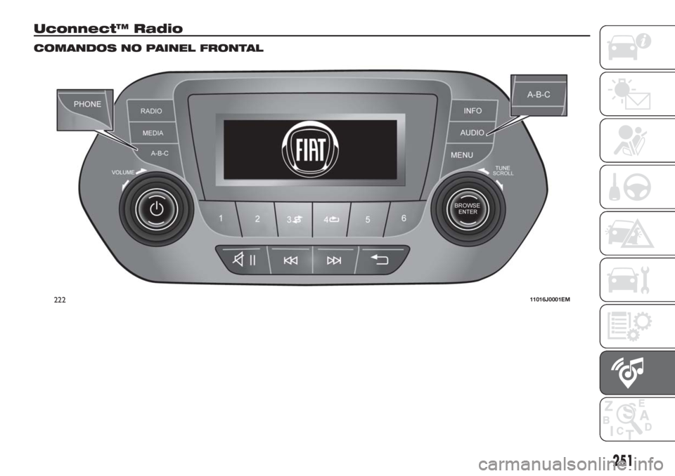 FIAT TIPO 5DOORS STATION WAGON 2018 Manual de Uso e Manutenção (in Portuguese) Uconnect™ Radio
COMANDOS NO PAINEL FRONTAL
22211016J0001EM
251 FIAT TIPO 5DOORS STATION WAGON 2018 Manual de Uso e Manutenção (in Portuguese) Uconnect™ Radio
COMANDOS NO PAINEL FRONTAL
22211016J0001EM
251