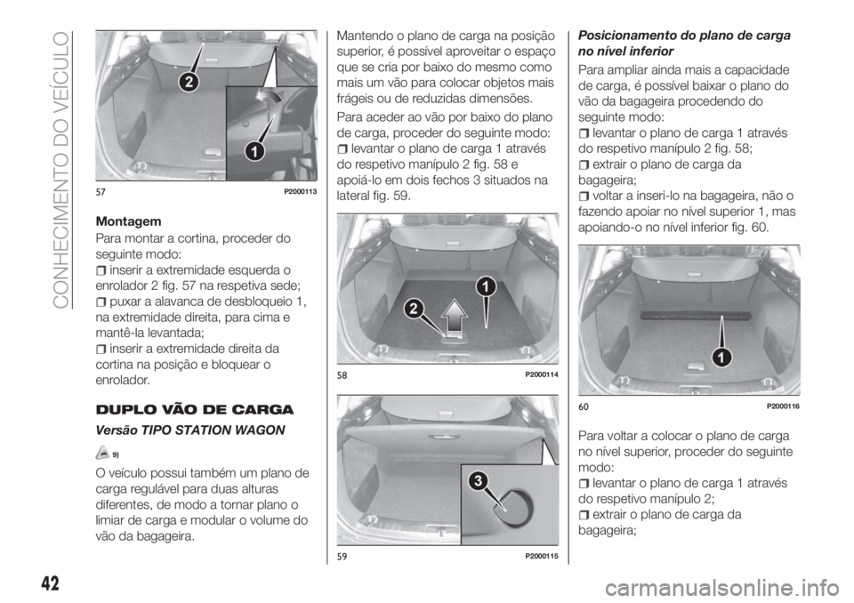 FIAT TIPO 5DOORS STATION WAGON 2018  Manual de Uso e Manutenção (in Portuguese) Montagem
Para montar a cortina, proceder do
seguinte modo:
inserir a extremidade esquerda o
enrolador 2 fig. 57 na respetiva sede;
puxar a alavanca de desbloqueio 1,
na extremidade direita, para cima 
