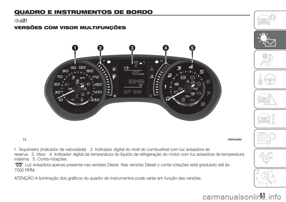 FIAT TIPO 5DOORS STATION WAGON 2018  Manual de Uso e Manutenção (in Portuguese) QUADRO E INSTRUMENTOS DE BORDO
VERSÕES COM VISOR MULTIFUNÇÕES
1. Taquímetro (indicador de velocidade) 2. Indicador digital do nível do combustível com luz avisadora de
reserva 3. Visor 4. Indica