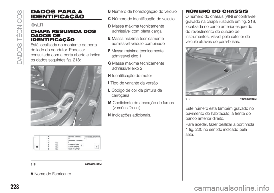 FIAT TIPO 5DOORS STATION WAGON 2020 Manual de Uso e Manutenção (in Portuguese) DADOS PARA A
IDENTIFICAÇÃO
CHAPA RESUMIDA DOS
DADOS DE
IDENTIFICAÇÃO
Está localizada no montante da porta
do lado do condutor. Pode ser
consultada com a porta aberta e indica
os dados seguintes f FIAT TIPO 5DOORS STATION WAGON 2020 Manual de Uso e Manutenção (in Portuguese) DADOS PARA A
IDENTIFICAÇÃO
CHAPA RESUMIDA DOS
DADOS DE
IDENTIFICAÇÃO
Está localizada no montante da porta
do lado do condutor. Pode ser
consultada com a porta aberta e indica
os dados seguintes f