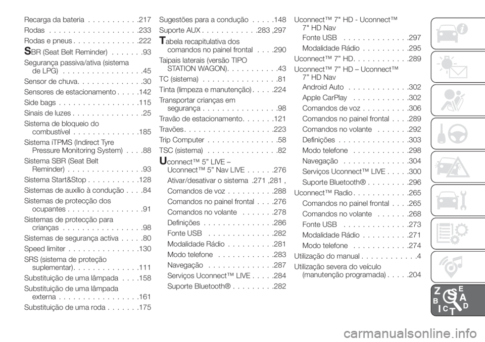 FIAT TIPO 5DOORS STATION WAGON 2019  Manual de Uso e Manutenção (in Portuguese) Recarga da bateria...........217
Rodas...................233
Rodas e pneus..............222
SBR (Seat Belt Reminder).......93
Segurança passiva/ativa (sistema
de LPG).................45
Sensor de chu