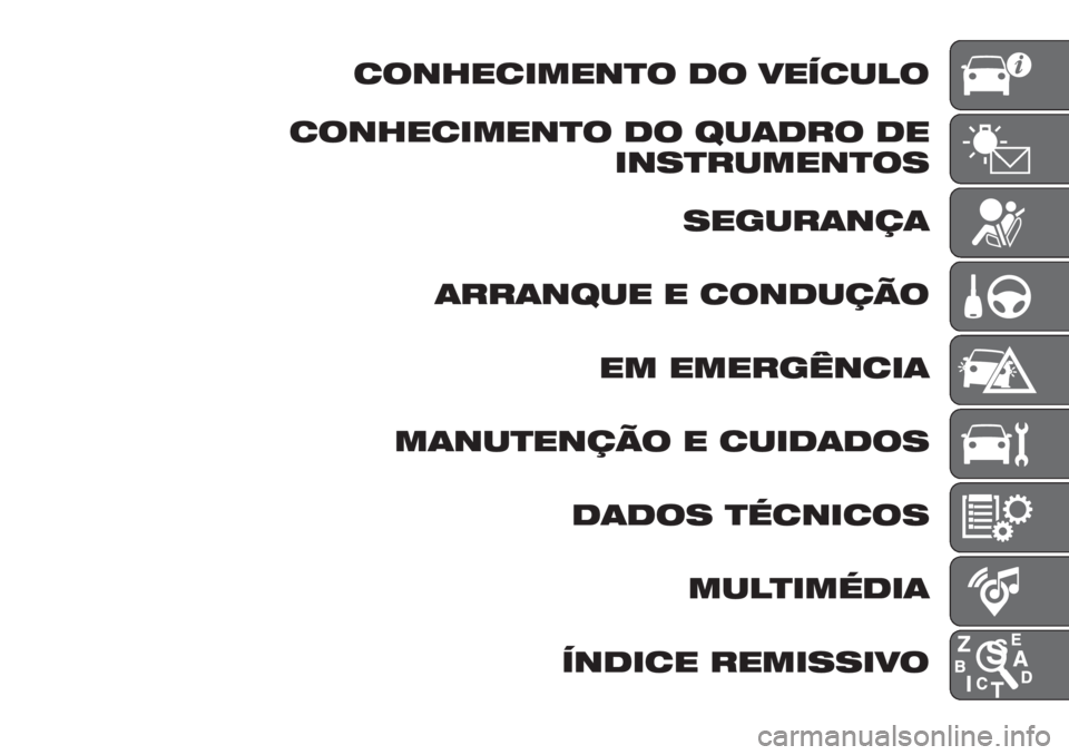 FIAT TIPO 5DOORS STATION WAGON 2019  Manual de Uso e Manutenção (in Portuguese) CONHECIMENTO DO VEÍCULO
CONHECIMENTO DO QUADRO DE
INSTRUMENTOS
SEGURANÇA
ARRANQUE E CONDUÇÃO
EM EMERGÊNCIA
MANUTENÇÃO E CUIDADOS
DADOS TÉCNICOS
MULTIMÉDIA
ÍNDICE REMISSIVO 