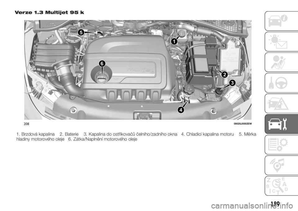 FIAT TIPO 5DOORS STATION WAGON 2018  Návod k použití a údržbě (in Czech) Verze 1.3 Multijet 95 k
1. Brzdová kapalina 2. Baterie 3. Kapalina do ostřikovačů čelního/zadního okna 4. Chladicí kapalina motoru 5. Měrka
hladiny motorového oleje 6. Zátka/Naplnění moto