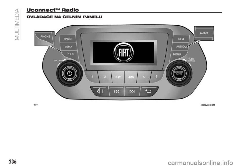 FIAT TIPO 5DOORS STATION WAGON 2018 Návod k použití a údržbě (in Czech) Uconnect™ Radio
OVLÁDAČE NA ČELNÍM PANELU
22211016J0001EM
236
MULTIMEDIA FIAT TIPO 5DOORS STATION WAGON 2018 Návod k použití a údržbě (in Czech) Uconnect™ Radio
OVLÁDAČE NA ČELNÍM PANELU
22211016J0001EM
236
MULTIMEDIA