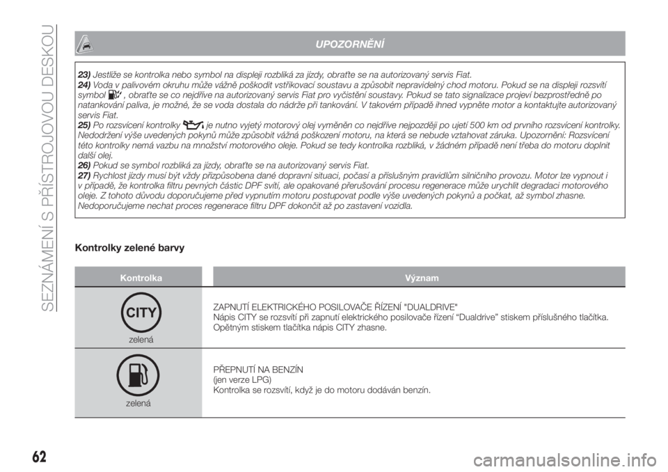FIAT TIPO 5DOORS STATION WAGON 2018  Návod k použití a údržbě (in Czech) UPOZORNĚNÍ
23)Jestliže se kontrolka nebo symbol na displeji rozbliká za jízdy, obraťte se na autorizovaný servis Fiat.
24)Voda v palivovém okruhu může vážně poškodit vstřikovací sousta