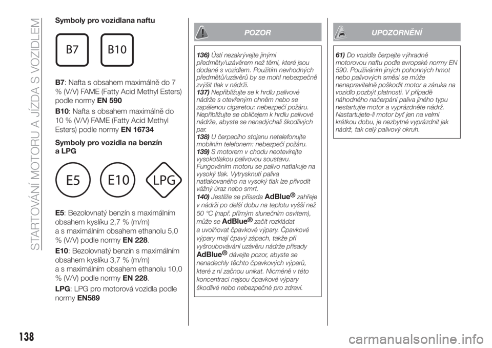 FIAT TIPO 5DOORS STATION WAGON 2019  Návod k použití a údržbě (in Czech) Symboly pro vozidlana naftu
B7: Nafta s obsahem maximálně do 7
% (V/V) FAME (Fatty Acid Methyl Esters)
podle normyEN 590
B10: Nafta s obsahem maximálně do
10 % (V/V) FAME (Fatty Acid Methyl
Esters