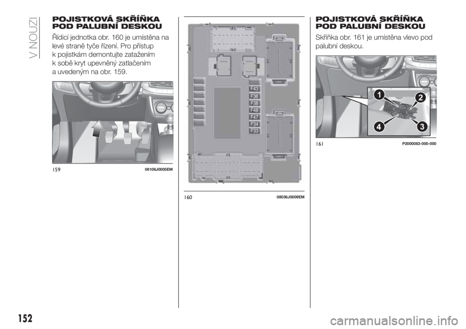 FIAT TIPO 5DOORS STATION WAGON 2020  Návod k použití a údržbě (in Czech) POJISTKOVÁ SKŘÍŇKA
POD PALUBNÍ DESKOU
Řídicí jednotka obr. 160 je umístěna na
levé straně tyče řízení. Pro přístup
k pojistkám demontujte zatažením
k sobě kryt upevněný zatlač