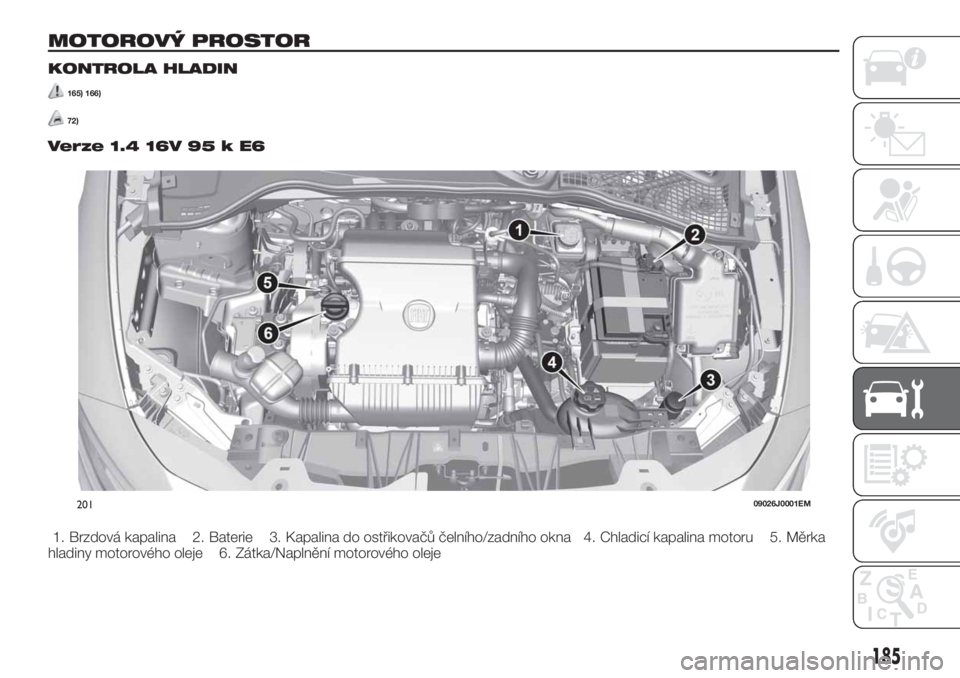 FIAT TIPO 5DOORS STATION WAGON 2019  Návod k použití a údržbě (in Czech) MOTOROVÝ PROSTOR
KONTROLA HLADIN
165) 166)
72)
Verze 1.4 16V 95 k E6
1. Brzdová kapalina 2. Baterie 3. Kapalina do ostřikovačů čelního/zadního okna 4. Chladicí kapalina motoru 5. Měrka
hladi