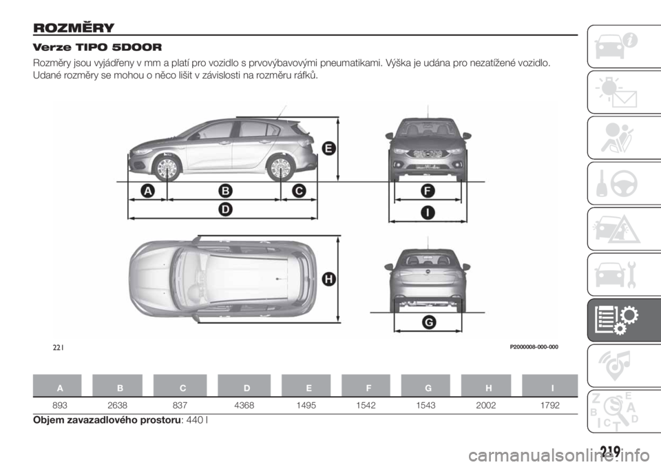 FIAT TIPO 5DOORS STATION WAGON 2020  Návod k použití a údržbě (in Czech) ROZMĚRY
Verze TIPO 5DOOR
Rozměry jsou vyjádřeny v mm a platí pro vozidlo s prvovýbavovými pneumatikami. Výška je udána pro nezatížené vozidlo.
Udané rozměry se mohou o něco lišit v z