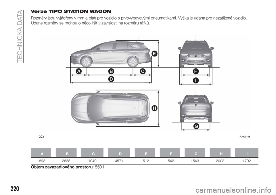 FIAT TIPO 5DOORS STATION WAGON 2020  Návod k použití a údržbě (in Czech) Verze TIPO STATION WAGON
Rozměry jsou vyjádřeny v mm a platí pro vozidlo s prvovýbavovými pneumatikami. Výška je udána pro nezatížené vozidlo.
Udané rozměry se mohou o něco lišit v zá