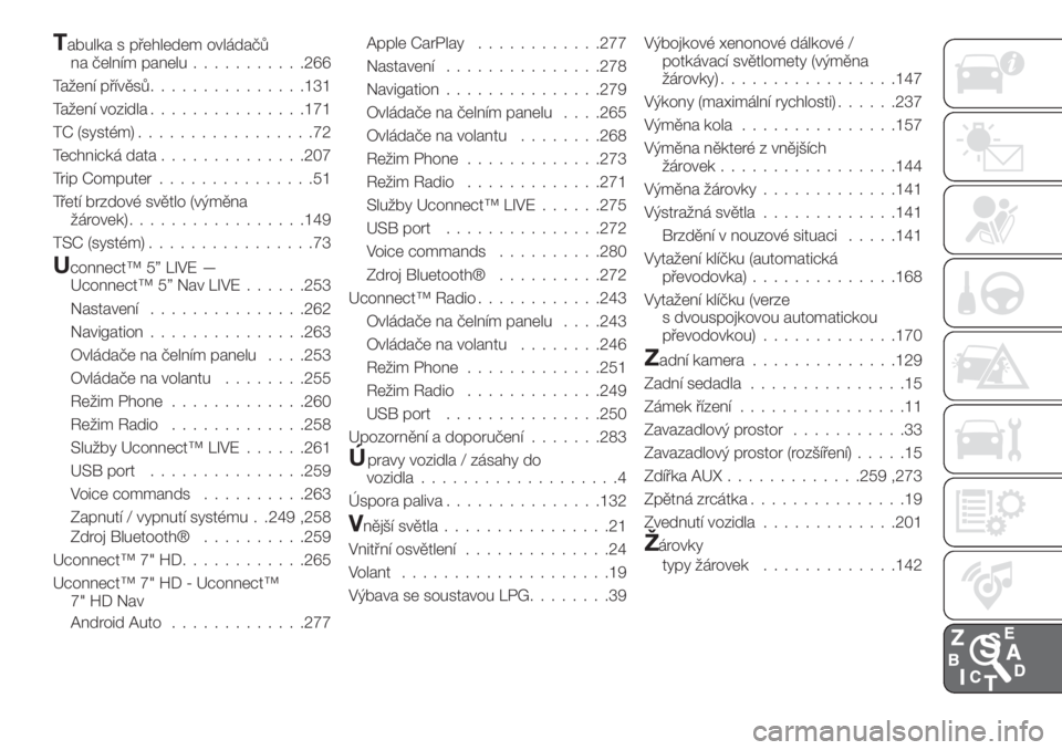 FIAT TIPO 5DOORS STATION WAGON 2019  Návod k použití a údržbě (in Czech) Tabulka s přehledem ovládačů
na čelním panelu...........266
Tažení přívěsů...............131
Tažení vozidla...............171
TC (systém).................72
Technická data.............