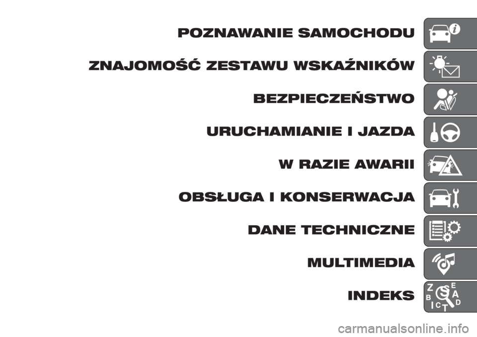 FIAT TIPO 5DOORS STATION WAGON 2018  Instrukcja obsługi (in Polish) POZNAWANIE SAMOCHODU
ZNAJOMOŚĆ ZESTAWU WSKAŹNIKÓW
BEZPIECZEŃSTWO
URUCHAMIANIE I JAZDA
W RAZIE AWARII
OBSŁUGA I KONSERWACJA
DANE TECHNICZNE
MULTIMEDIA
INDEKS 