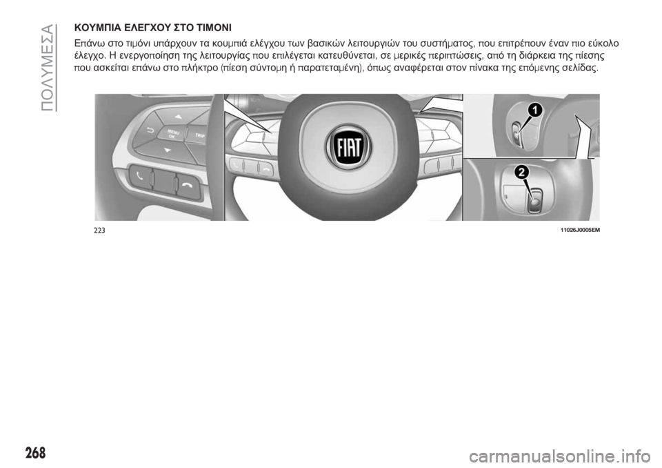 FIAT TIPO 5DOORS STATION WAGON 2018  ΒΙΒΛΙΟ ΧΡΗΣΗΣ ΚΑΙ ΣΥΝΤΗΡΗΣΗΣ (in Greek) ΚΟΥΜΠΙΑ ΕΛΕΓΧΟΥ ΣΤΟ ΤΙΜΟΝΙ
Επάνω στο τιμόνι υπάρχουν τα κουμπιά ελέγχου των βασικών λειτουργιών του συστήμα