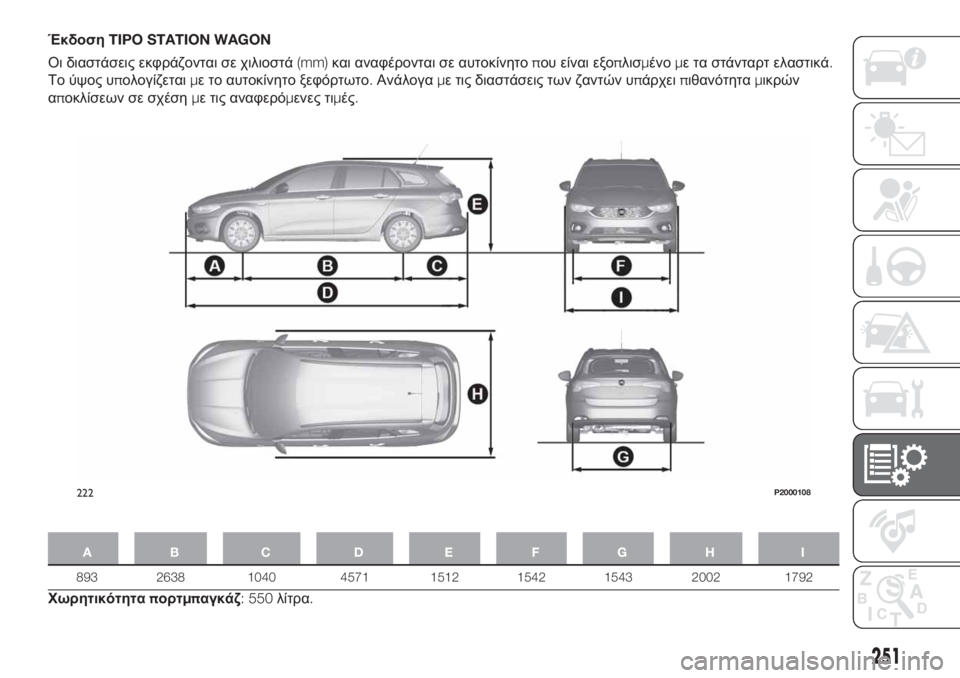 FIAT TIPO 5DOORS STATION WAGON 2020 ΒΙΒΛΙΟ ΧΡΗΣΗΣ ΚΑΙ ΣΥΝΤΗΡΗΣΗΣ (in Greek) ΈκδοσηTIPO STATION WAGON
Οι διαστάσεις εκφράζονται σε χιλιοστά(mm)και αναφέρονται σε αυτοκίνητοπου είναι εξοπλισμένο FIAT TIPO 5DOORS STATION WAGON 2020 ΒΙΒΛΙΟ ΧΡΗΣΗΣ ΚΑΙ ΣΥΝΤΗΡΗΣΗΣ (in Greek) ΈκδοσηTIPO STATION WAGON
Οι διαστάσεις εκφράζονται σε χιλιοστά(mm)και αναφέρονται σε αυτοκίνητοπου είναι εξοπλισμένο