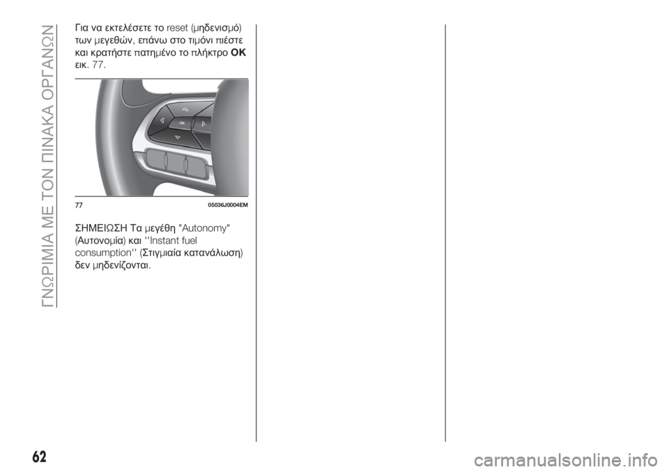 FIAT TIPO 5DOORS STATION WAGON 2020 ΒΙΒΛΙΟ ΧΡΗΣΗΣ ΚΑΙ ΣΥΝΤΗΡΗΣΗΣ (in Greek) Για να εκτελέσετε τοreset (μηδενισμό)
τωνμεγεθών,επάνω στο τιμόνιπιέστε
και κρατήστεπατημένο τοπλήκτροOK
εικ. 77. FIAT TIPO 5DOORS STATION WAGON 2020 ΒΙΒΛΙΟ ΧΡΗΣΗΣ ΚΑΙ ΣΥΝΤΗΡΗΣΗΣ (in Greek) Για να εκτελέσετε τοreset (μηδενισμό)
τωνμεγεθών,επάνω στο τιμόνιπιέστε
και κρατήστεπατημένο τοπλήκτροOK
εικ. 77.