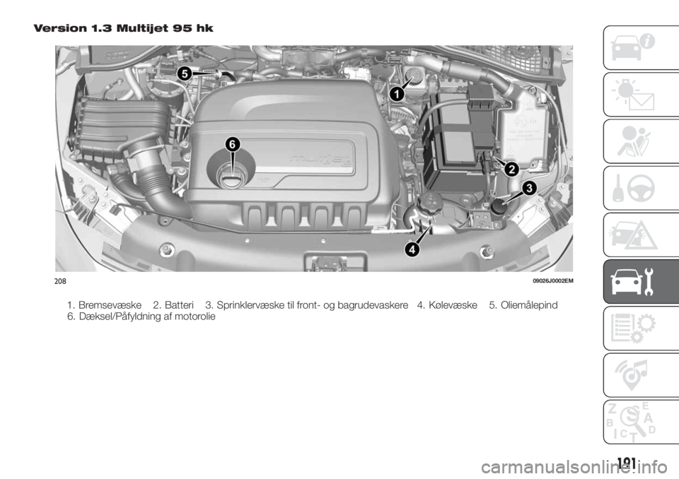 FIAT TIPO 5DOORS STATION WAGON 2018  Brugs- og vedligeholdelsesvejledning (in Danish) Version 1.3 Multijet 95 hk
20809026J0002EM
191
1. Bremsevæske 2. Batteri 3. Sprinklervæske til front- og bagrudevaskere 4. Kølevæske 5. Oliemålepind
6. Dæksel/Påfyldning af motorolie 