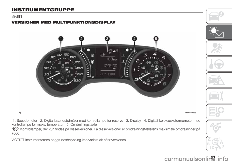 FIAT TIPO 5DOORS STATION WAGON 2020 Brugs- og vedligeholdelsesvejledning (in Danish) INSTRUMENTGRUPPE
VERSIONER MED MULTIFUNKTIONSDISPLAY
1. Speedometer 2. Digital brændstofmåler med kontrollampe for reserve 3. Display 4. Digitalt kølevæsketermometer med
kontrollampe for maks. tem FIAT TIPO 5DOORS STATION WAGON 2020 Brugs- og vedligeholdelsesvejledning (in Danish) INSTRUMENTGRUPPE
VERSIONER MED MULTIFUNKTIONSDISPLAY
1. Speedometer 2. Digital brændstofmåler med kontrollampe for reserve 3. Display 4. Digitalt kølevæsketermometer med
kontrollampe for maks. tem