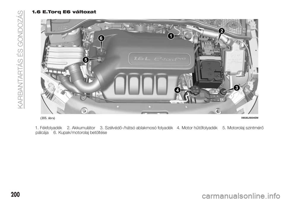 FIAT TIPO 5DOORS STATION WAGON 2018 Kezelési és karbantartási útmutató (in Hungarian) 1.6 E.Torq E6 változat
1. Fékfolyadék 2. Akkumulátor 3. Szélvédő-/hátsó ablakmosó folyadék 4. Motor hűtőfolyadék 5. Motorolaj szintmérő
pálcája 6. Kupak/motorolaj betöltése
(205. FIAT TIPO 5DOORS STATION WAGON 2018 Kezelési és karbantartási útmutató (in Hungarian) 1.6 E.Torq E6 változat
1. Fékfolyadék 2. Akkumulátor 3. Szélvédő-/hátsó ablakmosó folyadék 4. Motor hűtőfolyadék 5. Motorolaj szintmérő
pálcája 6. Kupak/motorolaj betöltése
(205.