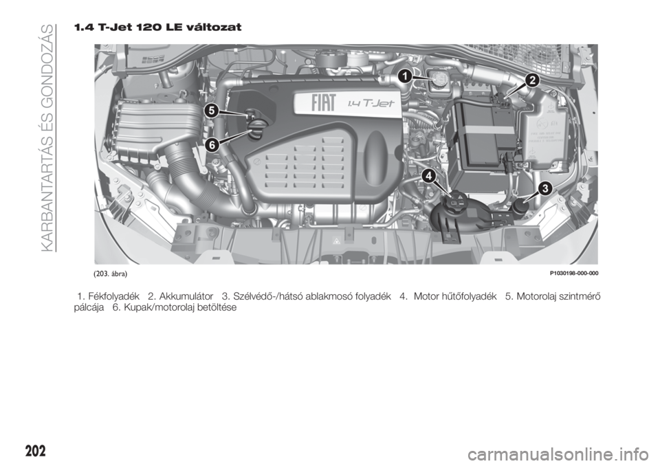 FIAT TIPO 5DOORS STATION WAGON 2019  Kezelési és karbantartási útmutató (in Hungarian) 1.4 T-Jet 120 LE változat
1. Fékfolyadék 2. Akkumulátor 3. Szélvédő-/hátsó ablakmosó folyadék 4. Motor hűtőfolyadék 5. Motorolaj szintmérő
pálcája 6. Kupak/motorolaj betöltése
(203