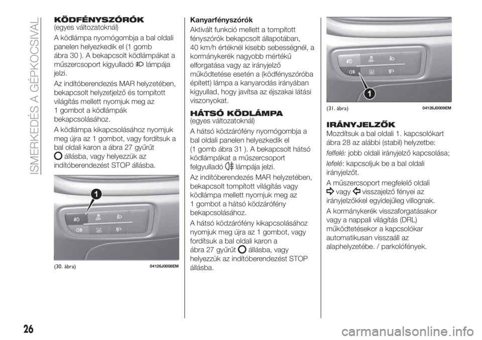 FIAT TIPO 5DOORS STATION WAGON 2019  Kezelési és karbantartási útmutató (in Hungarian) KÖDFÉNYSZÓRÓK(egyes változatoknál)
A ködlámpa nyomógombja a bal oldali
panelen helyezkedik el (1 gomb
ábra 30 ). A bekapcsolt ködlámpákat a
műszercsoport kigyulladó
lámpája
jelzi.
Az 