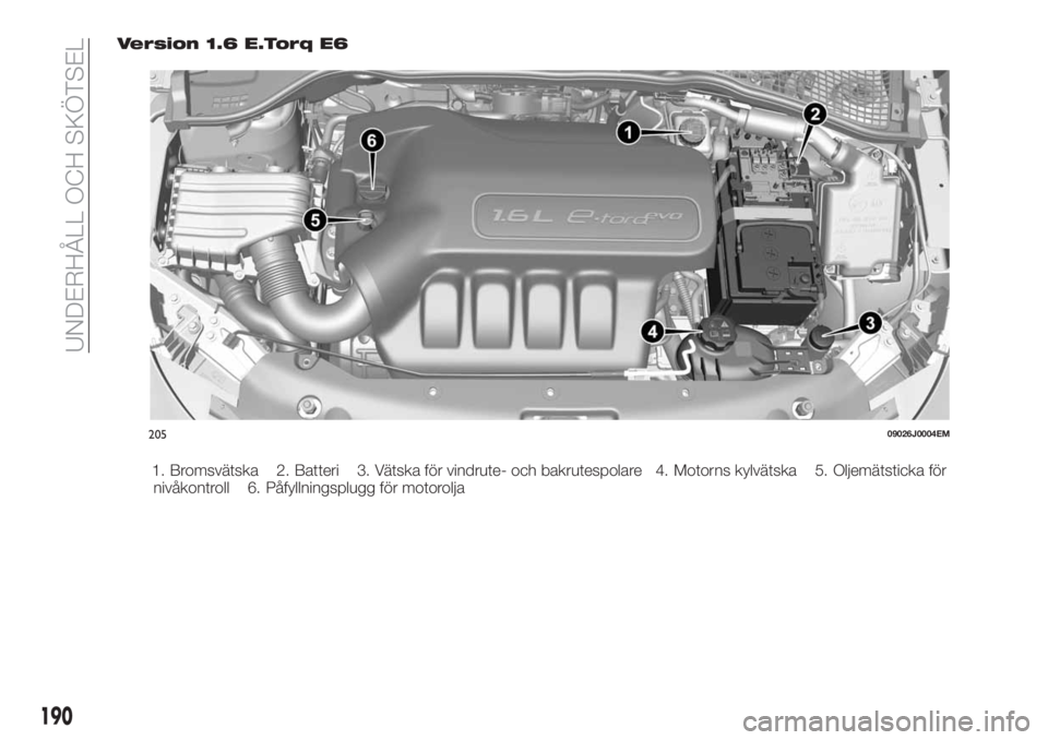 FIAT TIPO 5DOORS STATION WAGON 2018  Drift- och underhållshandbok (in Swedish) Version 1.6 E.Torq E6
1. Bromsvätska 2. Batteri 3. Vätska för vindrute- och bakrutespolare 4. Motorns kylvätska 5. Oljemätsticka för
nivåkontroll 6. Påfyllningsplugg för motorolja
20509026J00