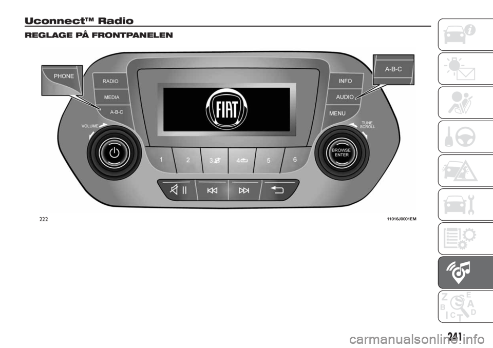 FIAT TIPO 5DOORS STATION WAGON 2018 Drift- och underhållshandbok (in Swedish) Uconnect™ Radio
REGLAGE PÅ FRONTPANELEN
22211016J0001EM
241 FIAT TIPO 5DOORS STATION WAGON 2018 Drift- och underhållshandbok (in Swedish) Uconnect™ Radio
REGLAGE PÅ FRONTPANELEN
22211016J0001EM
241