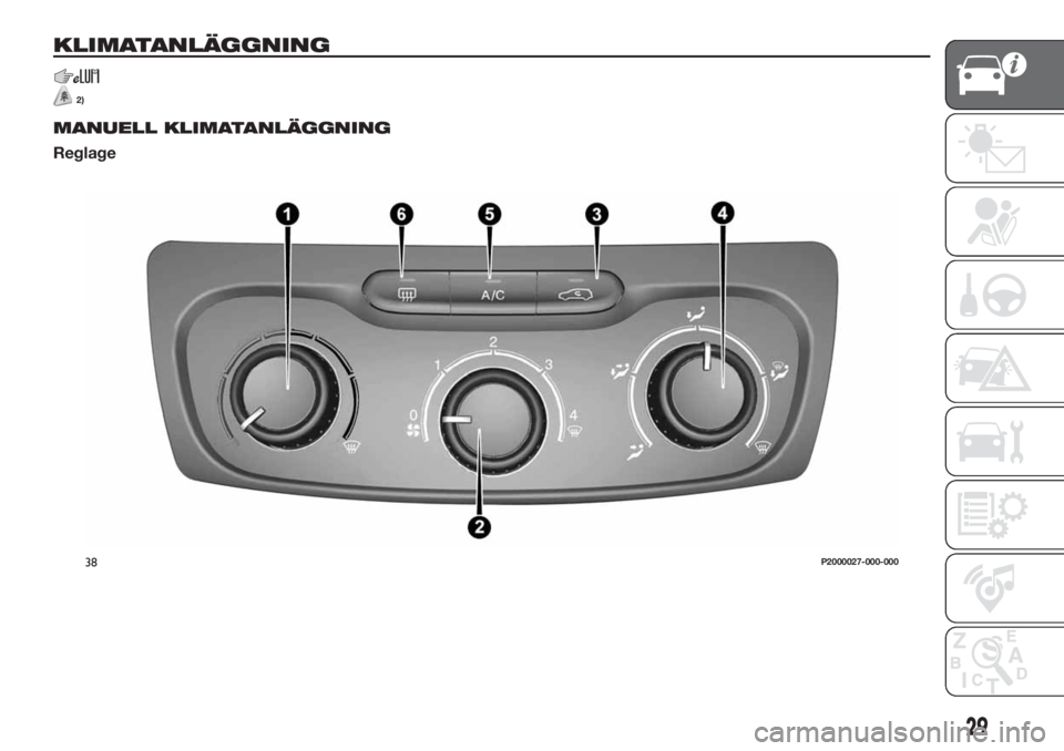 FIAT TIPO 5DOORS STATION WAGON 2018  Drift- och underhållshandbok (in Swedish) KLIMATANLÄGGNING
2)
MANUELL KLIMATANLÄGGNING
Reglage
38P2000027-000-000
29 