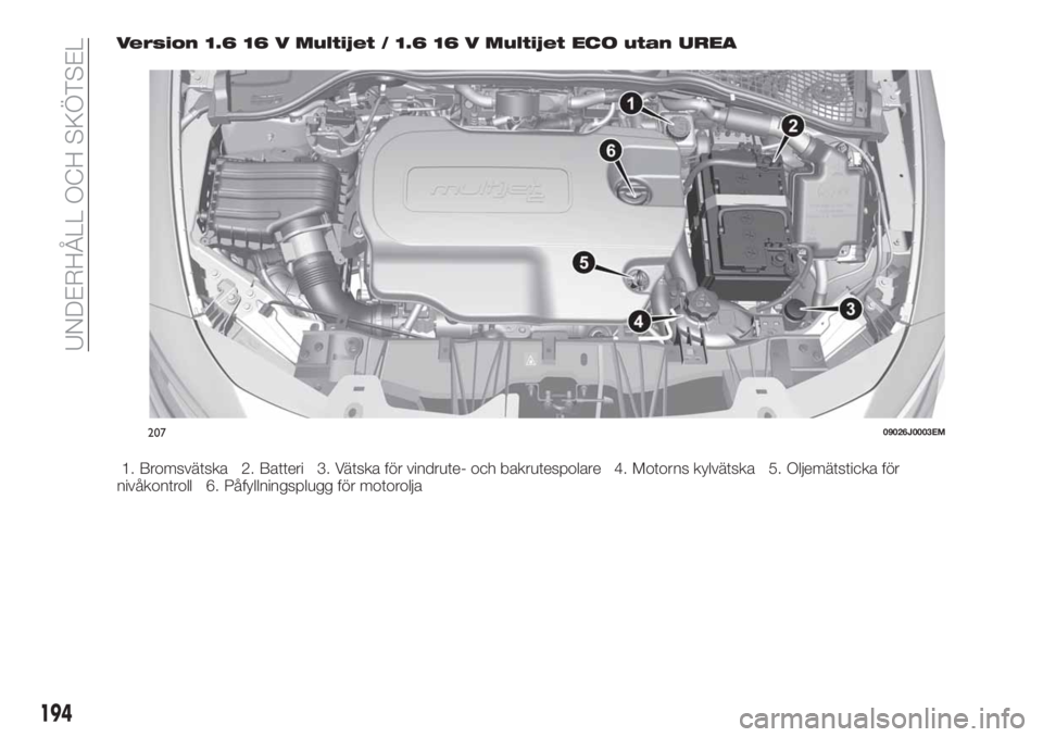 FIAT TIPO 5DOORS STATION WAGON 2019  Drift- och underhållshandbok (in Swedish) Version 1.6 16 V Multijet / 1.6 16 V Multijet ECO utan UREA
1. Bromsvätska 2. Batteri 3. Vätska för vindrute- och bakrutespolare 4. Motorns kylvätska 5. Oljemätsticka för
nivåkontroll 6. Påfyl