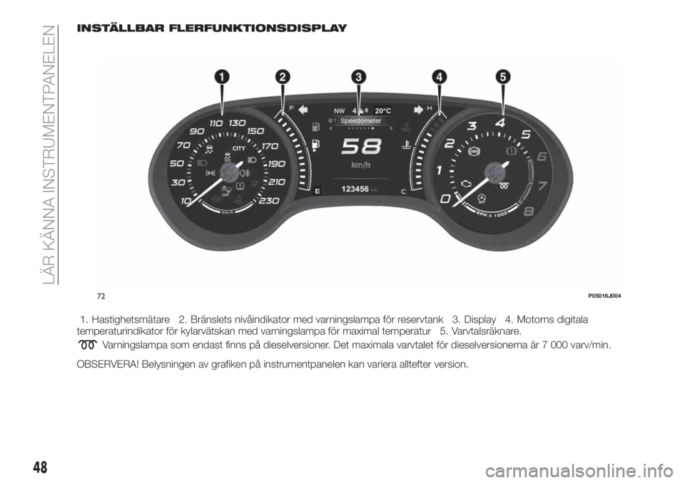 FIAT TIPO 5DOORS STATION WAGON 2019  Drift- och underhållshandbok (in Swedish) INSTÄLLBAR FLERFUNKTIONSDISPLAY
1. Hastighetsmätare 2. Bränslets nivåindikator med varningslampa för reservtank 3. Display 4. Motorns digitala
temperaturindikator för kylarvätskan med varningsl