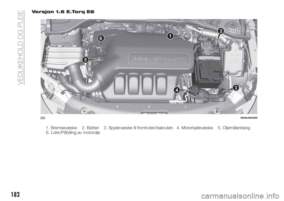 FIAT TIPO 5DOORS STATION WAGON 2018  Drift- og vedlikeholdshåndbok (in Norwegian) Versjon 1.6 E.Torq E6
1. Bremsevæske 2. Batteri 3. Spylervæske til frontruten/bakruten 4. Motorkjølevæske 5. Oljemålerstang
6. Lokk/Påfylling av motorolje
20509026J0004EM
182
VEDLIKEHOLD OG PLEI
