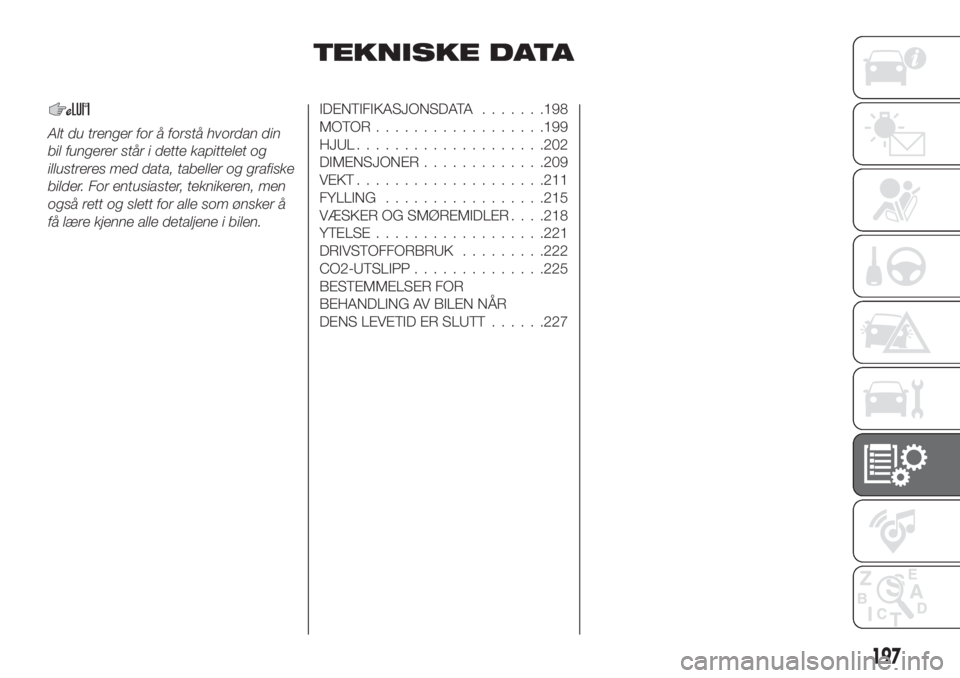FIAT TIPO 5DOORS STATION WAGON 2018  Drift- og vedlikeholdshåndbok (in Norwegian) TEKNISKE DATA
Alt du trenger for å forstå hvordan din
bil fungerer står i dette kapittelet og
illustreres med data, tabeller og grafiske
bilder. For entusiaster, teknikeren, men
også rett og slett