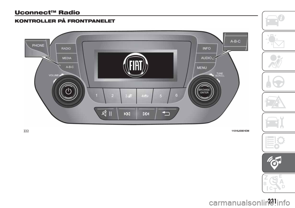 FIAT TIPO 5DOORS STATION WAGON 2018  Drift- og vedlikeholdshåndbok (in Norwegian) Uconnect™ Radio
KONTROLLER PÅ FRONTPANELET
22211016J0001EM
231 