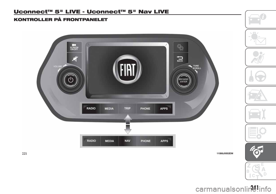 FIAT TIPO 5DOORS STATION WAGON 2018  Drift- og vedlikeholdshåndbok (in Norwegian) Uconnect™ 5" LIVE - Uconnect™ 5" Nav LIVE
KONTROLLER PÅ FRONTPANELET
22511086J0002EM
241 