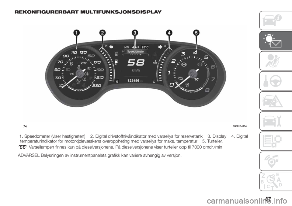 FIAT TIPO 5DOORS STATION WAGON 2018  Drift- og vedlikeholdshåndbok (in Norwegian) REKONFIGURERBART MULTIFUNKSJONSDISPLAY
1. Speedometer (viser hastigheten) 2. Digital drivstoffnivåindikator med varsellys for reservetank 3. Display 4. Digital
temperaturindikator for motorkjølevæs