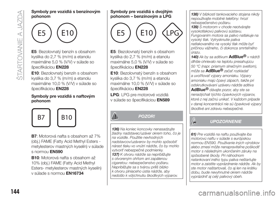 FIAT TIPO 5DOORS STATION WAGON 2019  Návod na použitie a údržbu (in Slovakian) Symboly pre vozidlá s benzínovým
pohonom
E5: Bezolovnatý benzín s obsahom
kyslíka do 2,7 % (m/m) a etanolu
maximálne 5,0 % (V/V) v súlade so
špecifikáciouEN228
E10: Bezolovnatý benzín s ob