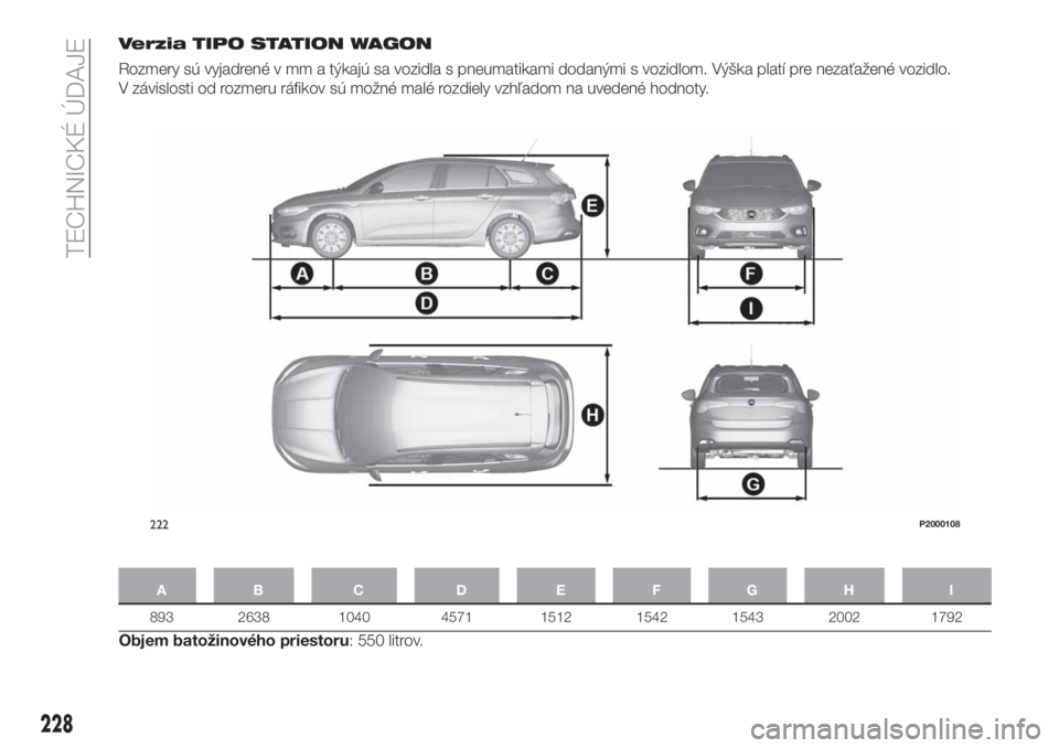 FIAT TIPO 5DOORS STATION WAGON 2019  Návod na použitie a údržbu (in Slovakian) Verzia TIPO STATION WAGON
Rozmery sú vyjadrené v mm a týkajú sa vozidla s pneumatikami dodanými s vozidlom. Výška platí pre nezaťažené vozidlo.
V závislosti od rozmeru ráfikov sú možné