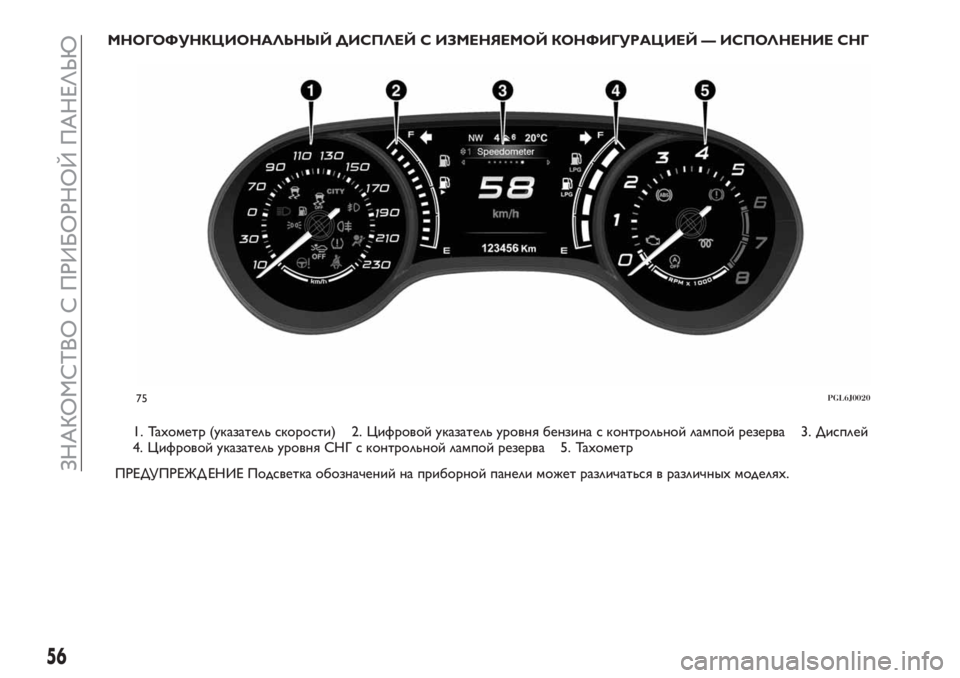 FIAT TIPO 5DOORS STATION WAGON 2018 Руководство по эксплуатации и техобслуживанию (in Russian) МНОГОФУНКЦИОНАЛЬНЫЙ ДИСПЛЕЙ С ИЗМЕНЯЕМОЙ КОНФИГУРАЦИЕЙ — ИСПОЛНЕНИЕ СНГ
1. Тахометр (указатель скорости) 2. Ц FIAT TIPO 5DOORS STATION WAGON 2018 Руководство по эксплуатации и техобслуживанию (in Russian) МНОГОФУНКЦИОНАЛЬНЫЙ ДИСПЛЕЙ С ИЗМЕНЯЕМОЙ КОНФИГУРАЦИЕЙ — ИСПОЛНЕНИЕ СНГ
1. Тахометр (указатель скорости) 2. Ц