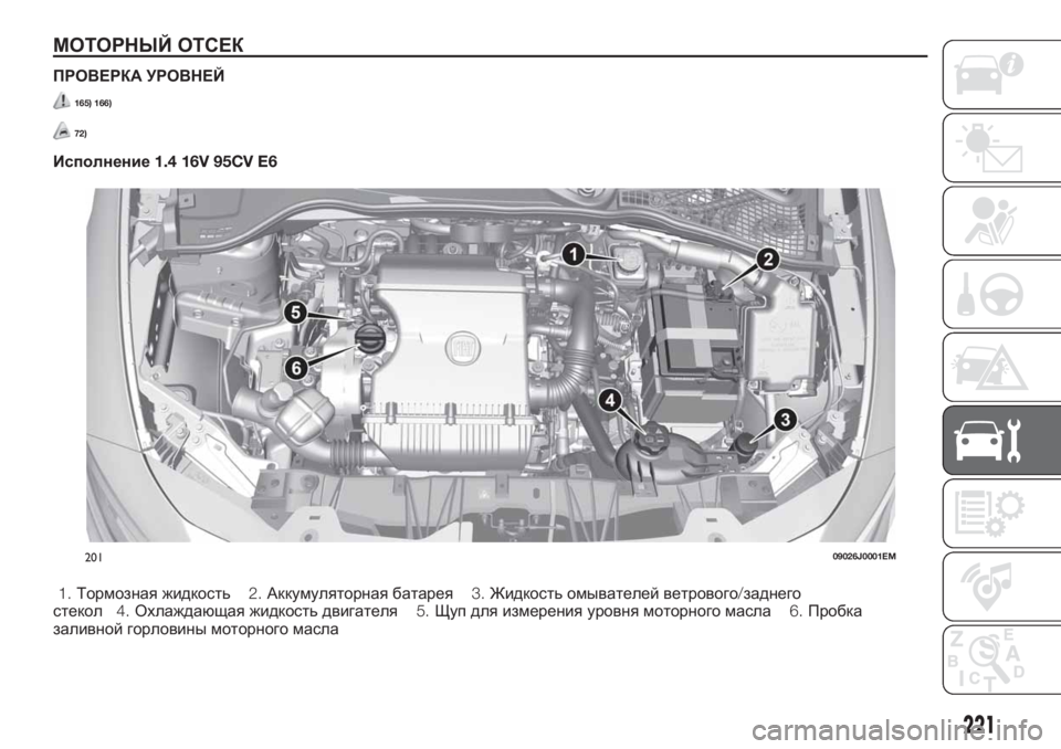 FIAT TIPO 5DOORS STATION WAGON 2020  Руководство по эксплуатации и техобслуживанию (in Russian) МОТОРНЫЙ ОТСЕК
ПРОВЕРКА УРОВНЕЙ
165) 166)
72)
Исполнение1.4 16V 95CV E6
1.Тормозная жидкость2.Аккумуляторная батарея3.Жид