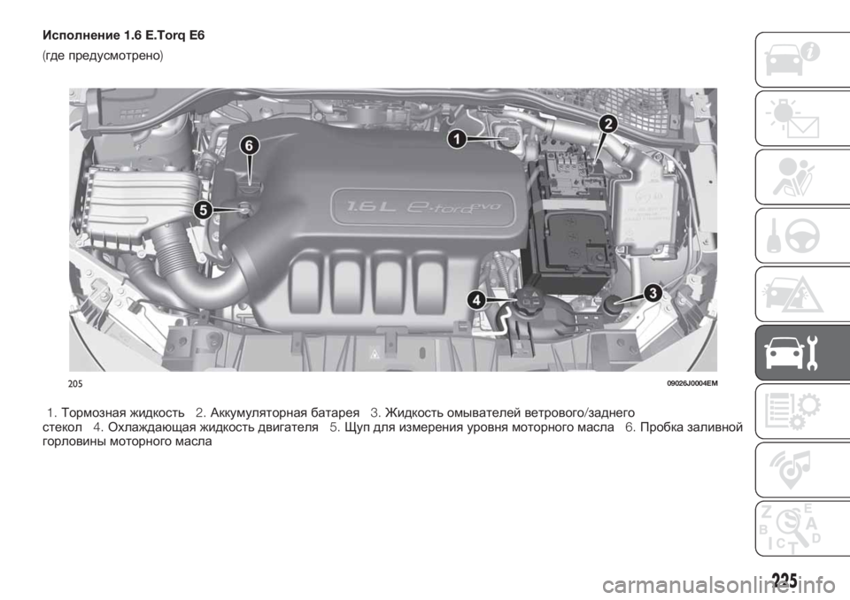 FIAT TIPO 5DOORS STATION WAGON 2020  Руководство по эксплуатации и техобслуживанию (in Russian) Исполнение1.6 E.Torq E6
(где предусмотрено)
1.Тормозная жидкость2.Аккумуляторная батарея3.Жидкость омывателей ветр