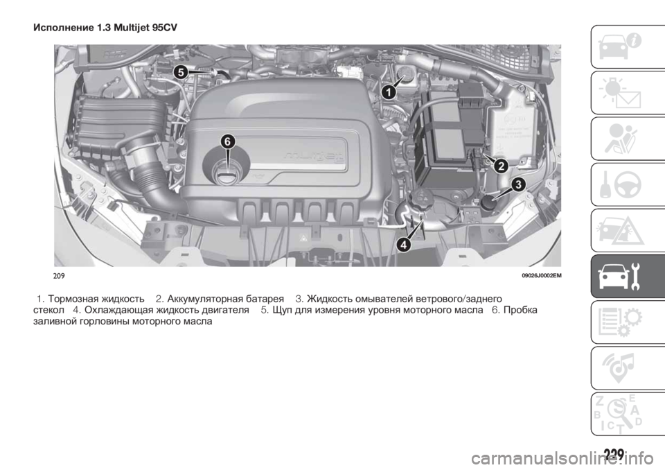 FIAT TIPO 5DOORS STATION WAGON 2020 Руководство по эксплуатации и техобслуживанию (in Russian) Исполнение1.3 Multijet 95CV
1.Тормозная жидкость2.Аккумуляторная батарея3.Жидкость омывателей ветрового/заднего
сте FIAT TIPO 5DOORS STATION WAGON 2020 Руководство по эксплуатации и техобслуживанию (in Russian) Исполнение1.3 Multijet 95CV
1.Тормозная жидкость2.Аккумуляторная батарея3.Жидкость омывателей ветрового/заднего
сте