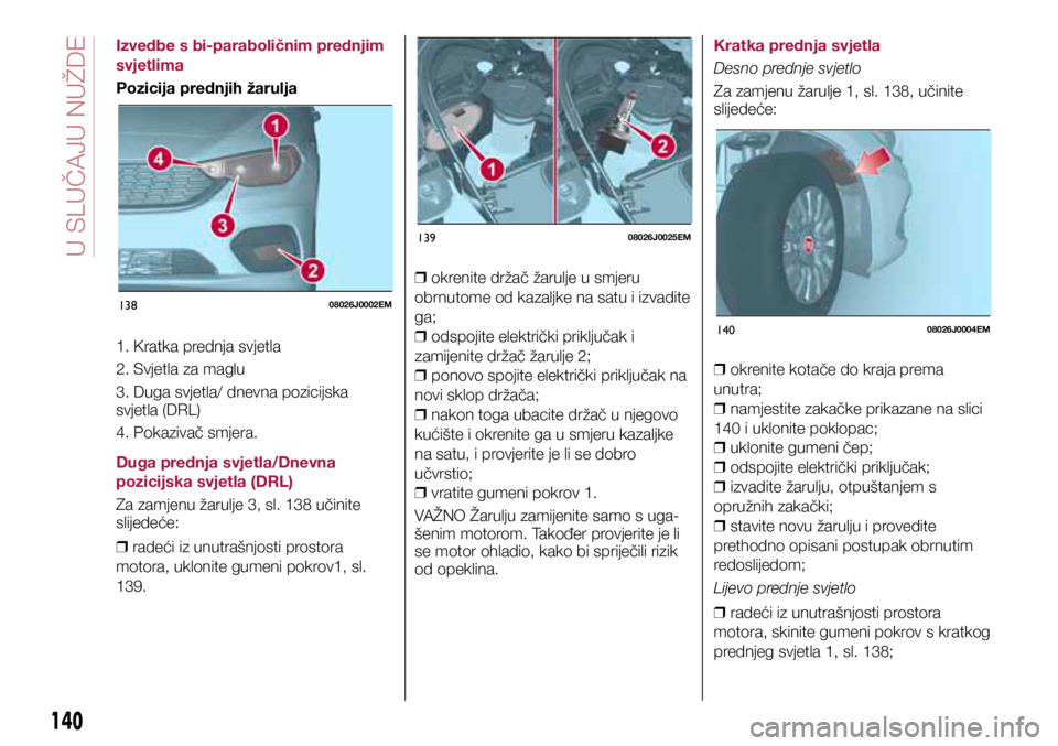 FIAT TIPO 5DOORS STATION WAGON 2019 Knjižica s uputama za uporabu i održavanje (in Croatian) 13808026J0002EM
13908026J0025EM
14008026J0004EM
140
Izvedbe s bi-paraboličnim prednjim
svjetlima
Pozicija prednjih žarulja
1. Kratka prednja svjetla
2. Svjetla za maglu
3. Duga svjetla/ dnevna pozi FIAT TIPO 5DOORS STATION WAGON 2019 Knjižica s uputama za uporabu i održavanje (in Croatian) 13808026J0002EM
13908026J0025EM
14008026J0004EM
140
Izvedbe s bi-paraboličnim prednjim
svjetlima
Pozicija prednjih žarulja
1. Kratka prednja svjetla
2. Svjetla za maglu
3. Duga svjetla/ dnevna pozi