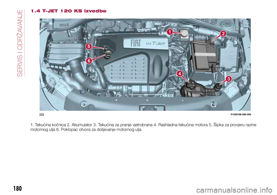 FIAT TIPO 5DOORS STATION WAGON 2019  Knjižica s uputama za uporabu i održavanje (in Croatian) 202P1030198-000-000
180
1.4 T- JET 120 KS izvedbe
1. Tekućina kočnica 2. Akumulator 3. Tekućina za pranje vjetrobrana 4. Rashladna tekućina motora 5. Šipka za provjeru razine 
motornog ulja 6. Po